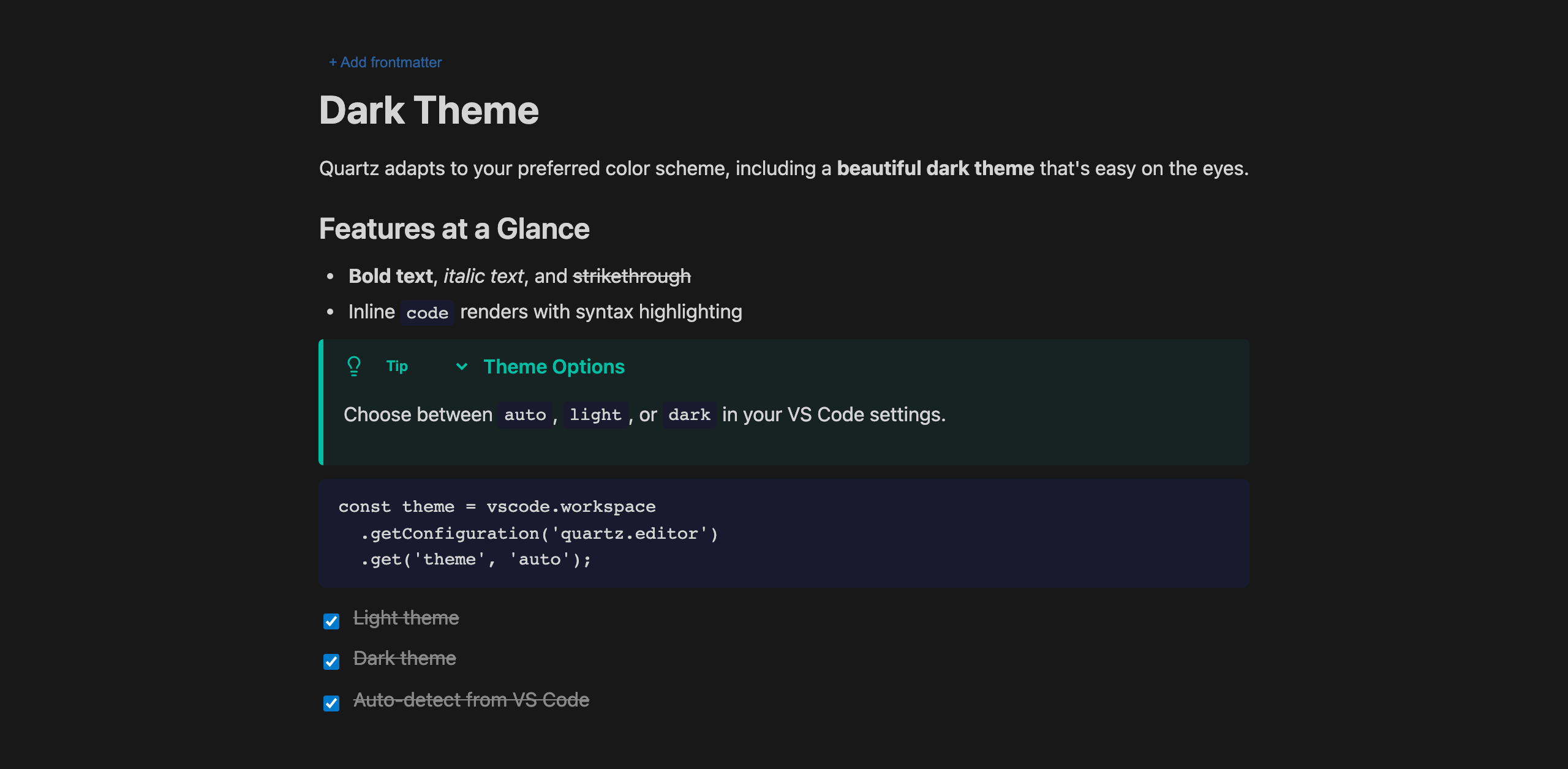 Quartz dark theme with callout blocks, code highlighting, and task lists