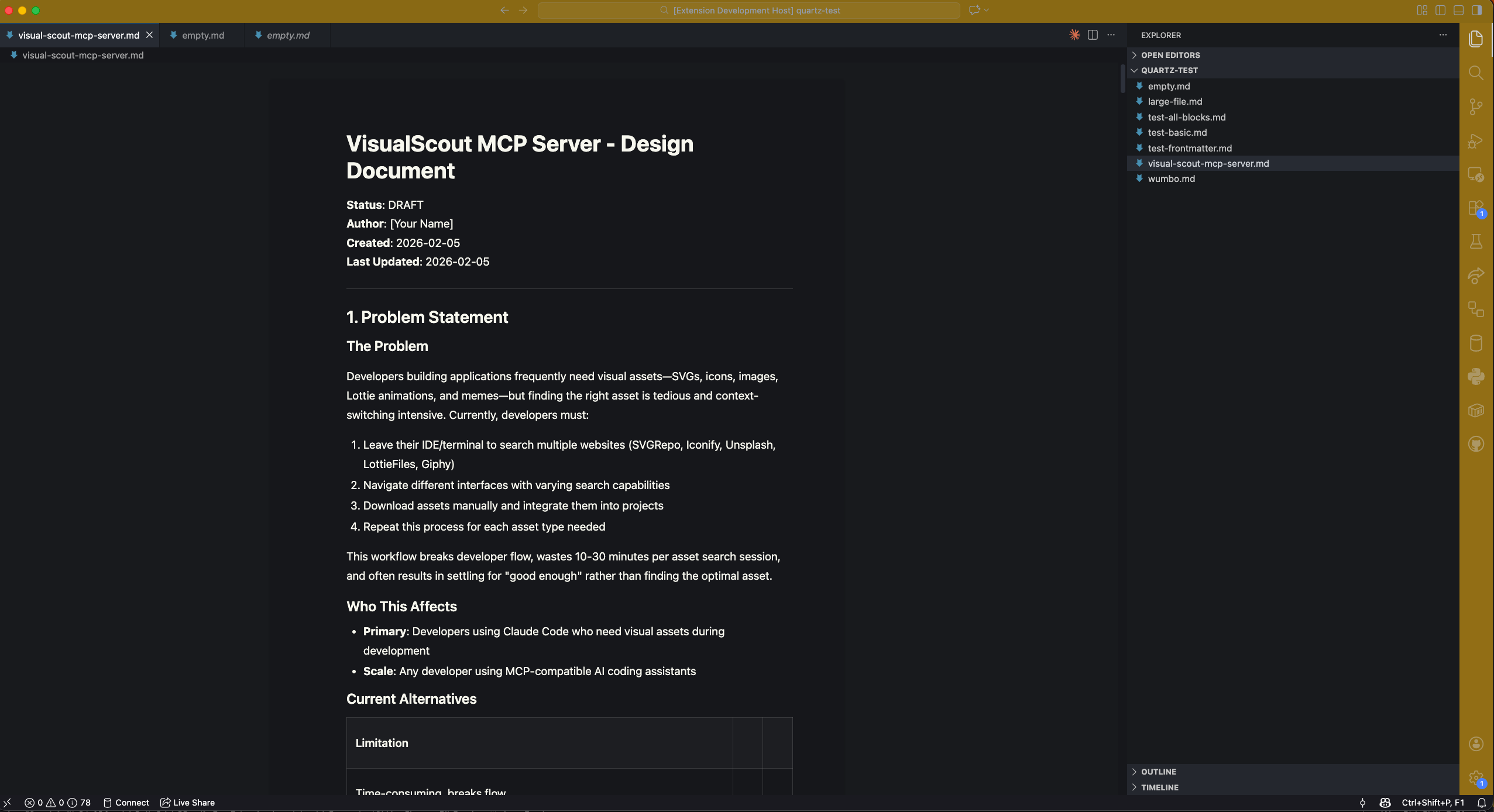 Quartz editor showing a rich document with formatting toolbar, sidebar, and outline view inside VS Code